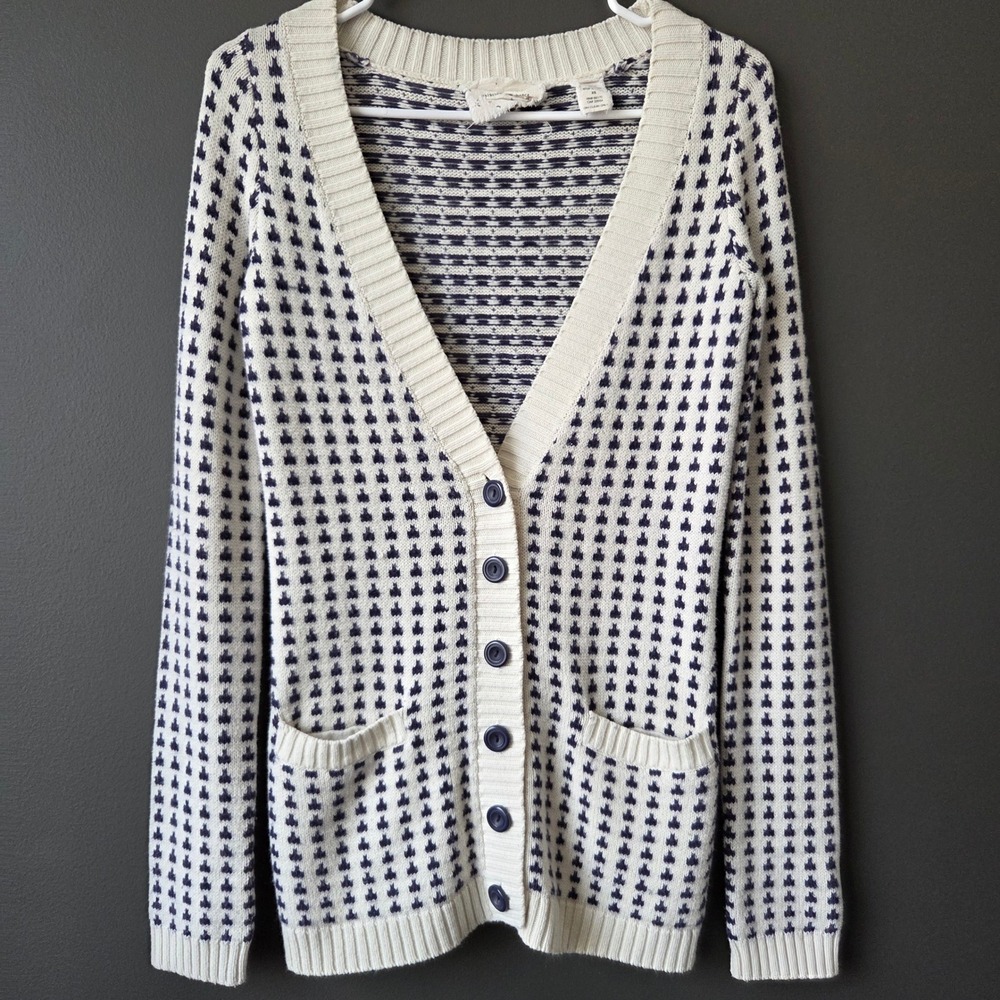 Coincidence‎ & Chance XS Navy Cream Angora Blend Geometric Cardigan Sweater